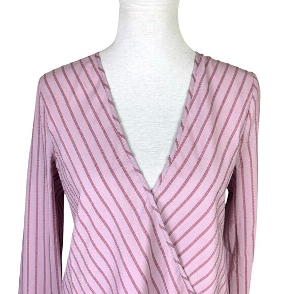 BCBGMAXAZRIA NWT Mauve Pink Monochrome Stripe Long Sleeve Hi Low Wrap Blouse - Picture 6 of 15